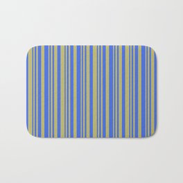 [ Thumbnail: Dark Khaki & Royal Blue Colored Striped Pattern Bath Mat ]