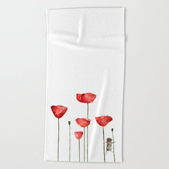 Mouse and poppies - Watercolor illustration Animal + Poppy Flower #Society6 Beach Towel