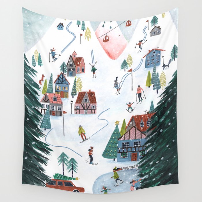 Skiing Winter Village Wall Tapestry