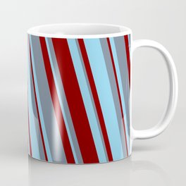[ Thumbnail: Slate Gray, Sky Blue & Maroon Colored Lined/Striped Pattern Coffee Mug ]