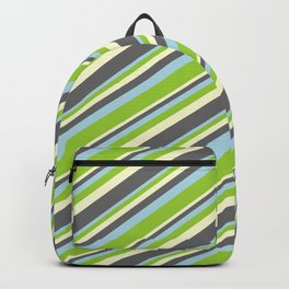 [ Thumbnail: Light Yellow, Dim Gray, Light Blue & Green Colored Lines/Stripes Pattern Backpack ]