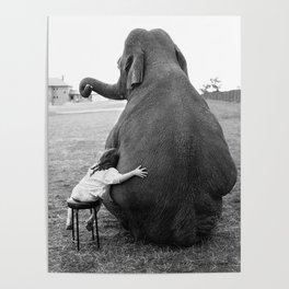 Odd Best Friends, Sweet Little Girl hugging elephant black and white photograph Poster