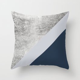 Modern minimalist navy blue grey and silver foil geometric color block Throw Pillow