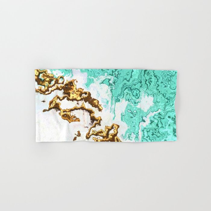 Turquoise Gold White Abstract Digital Painting Hand Bath Towel