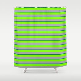 [ Thumbnail: Teal, Chartreuse, and Dark Gray Colored Striped/Lined Pattern Shower Curtain ]