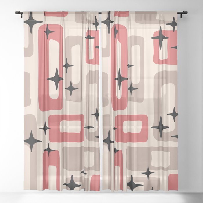 Retro Mid Century Modern Abstract Pattern 228 Red and Beige Sheer Curtain