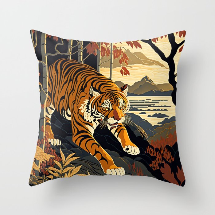 art deco style paint with a young tiger Throw Pillow