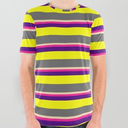 [ Thumbnail: Tan, Deep Pink, Indigo, Yellow, and Dim Gray Colored Striped Pattern All Over Graphic Tee ]