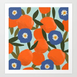 Clementine Orange Blue Flowers Pattern Leaves Art Print