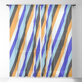 [ Thumbnail: Vibrant Black, Dark Orange, Mint Cream, Blue & Sky Blue Colored Stripes Pattern Sheer Curtain ]