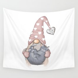 Romantic Gnome With Gray Cat Wall Tapestry