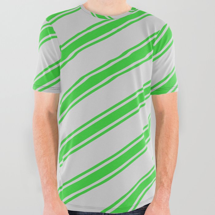 Light Grey and Lime Green Colored Stripes Pattern All Over Graphic Tee