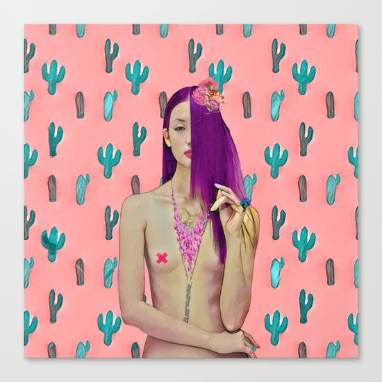 Pink Cactus and beauty model Canvas Print