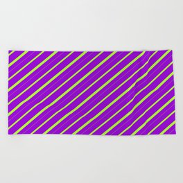 [ Thumbnail: Dark Violet and Light Green Colored Striped/Lined Pattern Beach Towel ]