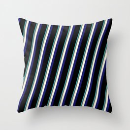 [ Thumbnail: Eye-catching Aqua, Dim Gray, Beige, Midnight Blue & Black Colored Stripes Pattern Throw Pillow ]