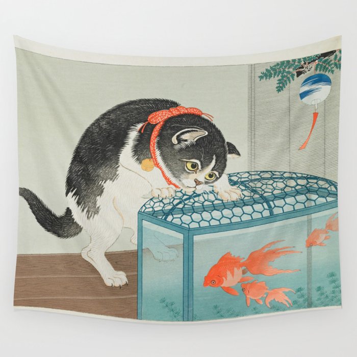 Cat and Goldfish, c. 1928-1930 Ohara Shōson Wall Tapestry