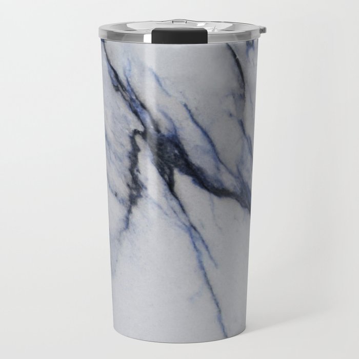 White Marble with Black and Blue Veins Travel Mug