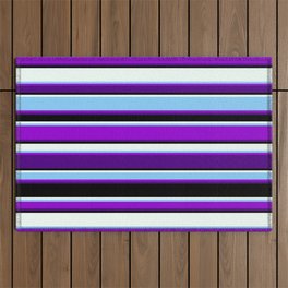 [ Thumbnail: Vibrant Light Sky Blue, Dark Violet, Indigo, Black, and Mint Cream Colored Striped Pattern Outdoor Rug ]
