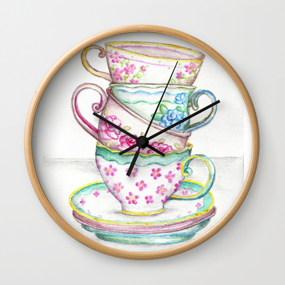 Tea Cup Art Kitchen Watercolor Painting Drawing Wall Clock By