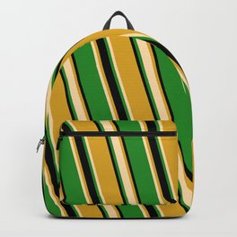 [ Thumbnail: Goldenrod, Tan, Forest Green, and Black Colored Striped/Lined Pattern Backpack ]