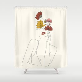 Colorful Thoughts Minimal Line Art Woman with Flowers Shower Curtain