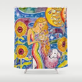 Summer Solstice Goddess Shower Curtain | Painting, Witchy, Goddess, Tarot, Poodle, Doglover, Summer, Rainbow, Psychedelic, Watercolor 