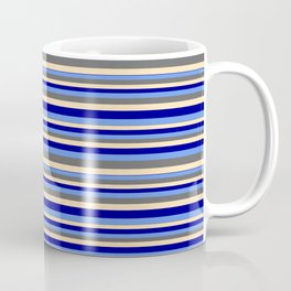 [ Thumbnail: Beige, Dark Blue, Cornflower Blue, and Dim Gray Colored Stripes Pattern Coffee Mug ]