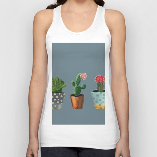 Three Cacti With Flowers On Blue Background Unisex Tank Top