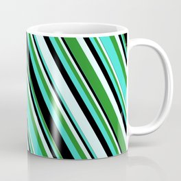 [ Thumbnail: Turquoise, Black, Light Cyan, and Forest Green Colored Stripes Pattern Coffee Mug ]