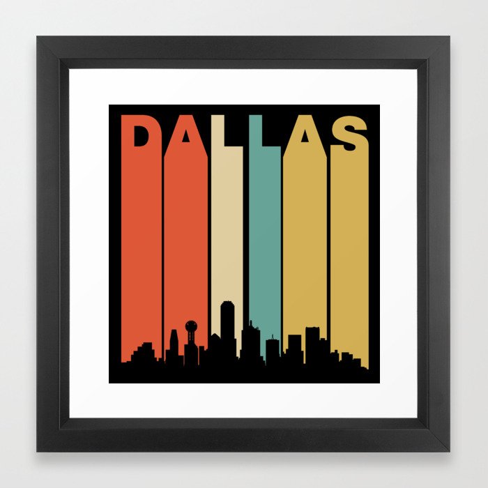 Retro 1970's Dallas Texas Cityscape Downtown Skyline Framed Art Print
