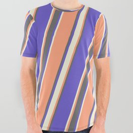 [ Thumbnail: Light Salmon, Dim Grey, Slate Blue, and Beige Colored Lined/Striped Pattern All Over Graphic Tee ]