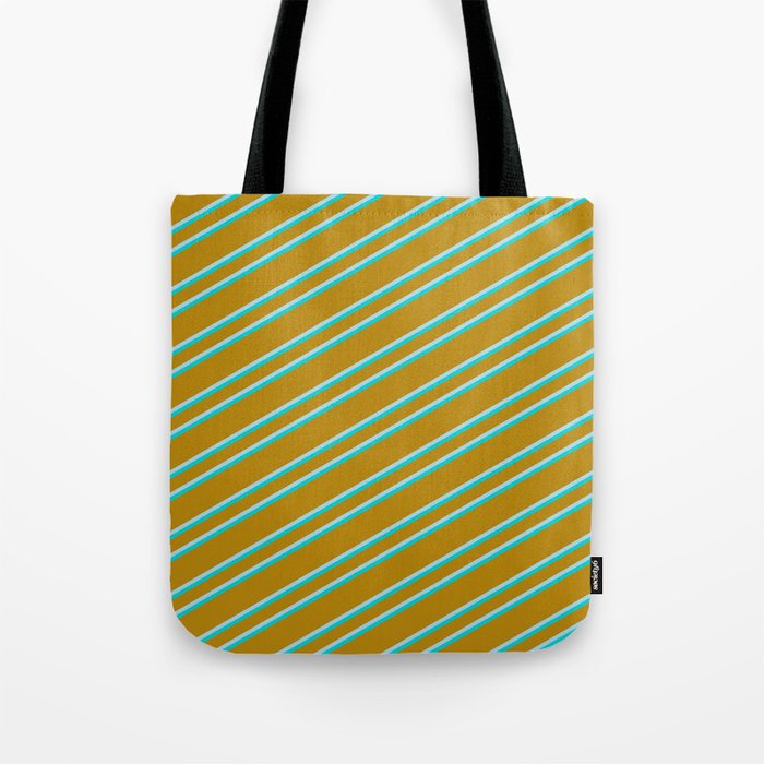 Dark Goldenrod, Light Blue, and Dark Turquoise Colored Lined/Striped Pattern Tote Bag