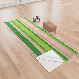 [ Thumbnail: Forest Green, Green, and Light Pink Colored Lined Pattern Yoga Towel ]