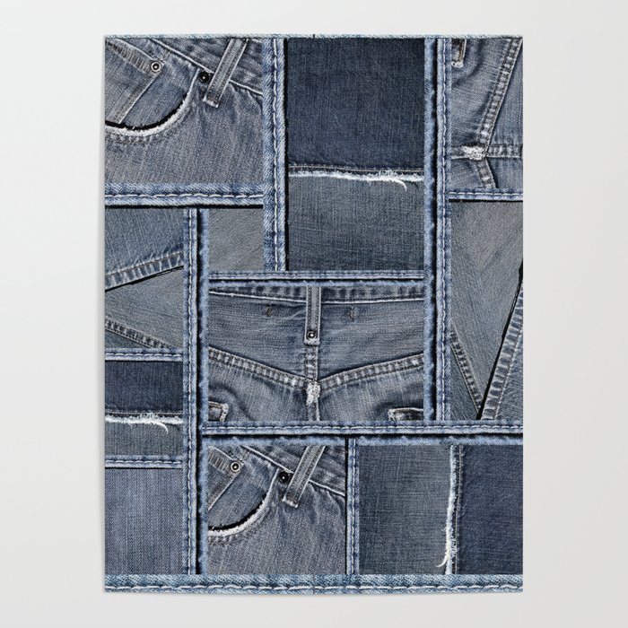 Blue Jeans Denim Patchwork Pattern Poster