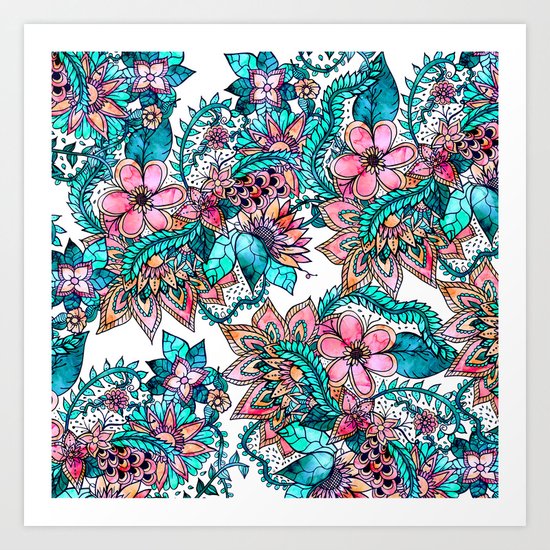 Boho turquoise pink floral watercolor illustration Art Print
