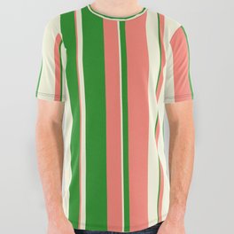 [ Thumbnail: Salmon, Forest Green & Beige Colored Lined Pattern All Over Graphic Tee ]