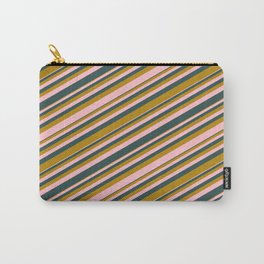 [ Thumbnail: Pink, Dark Slate Gray, and Dark Goldenrod Colored Lines Pattern Carry-All Pouch ]