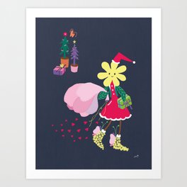 Retro Flower Santa - Merry Christmas Art Print