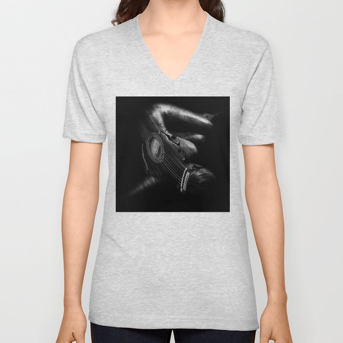 Black and White Surrealist Guitar Woman  V Neck T Shirt