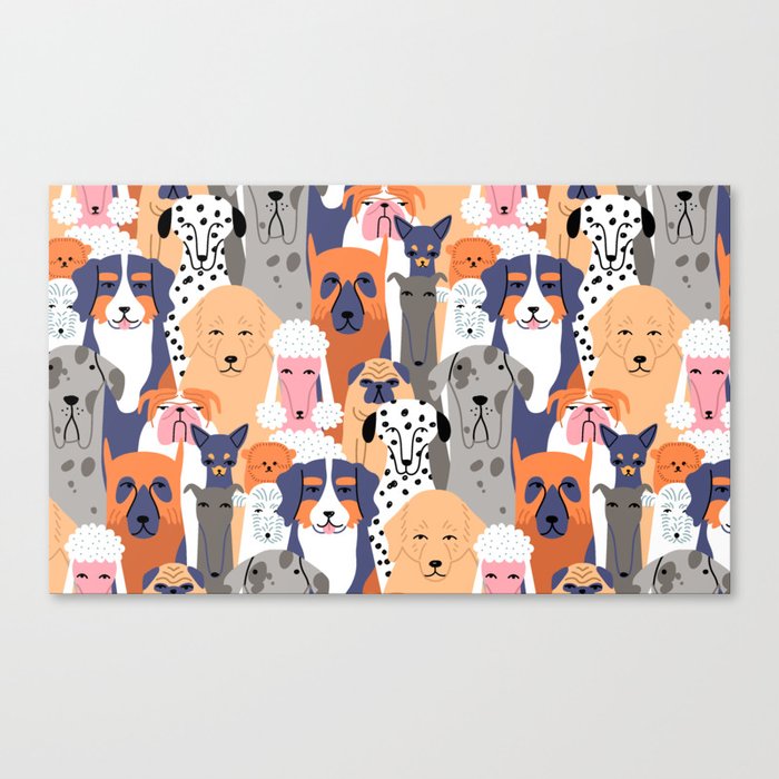 Funny diverse dog crowd character cartoon background Canvas Print