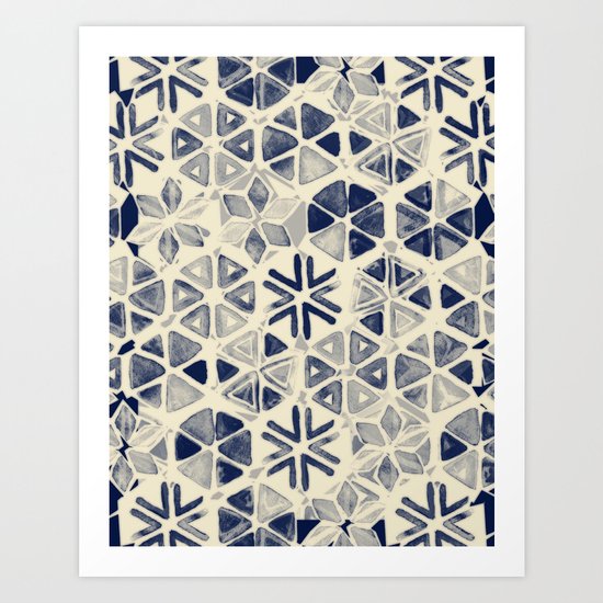 Hand Painted Triangle & Honeycomb Ink Pattern - indigo & cream Art Print