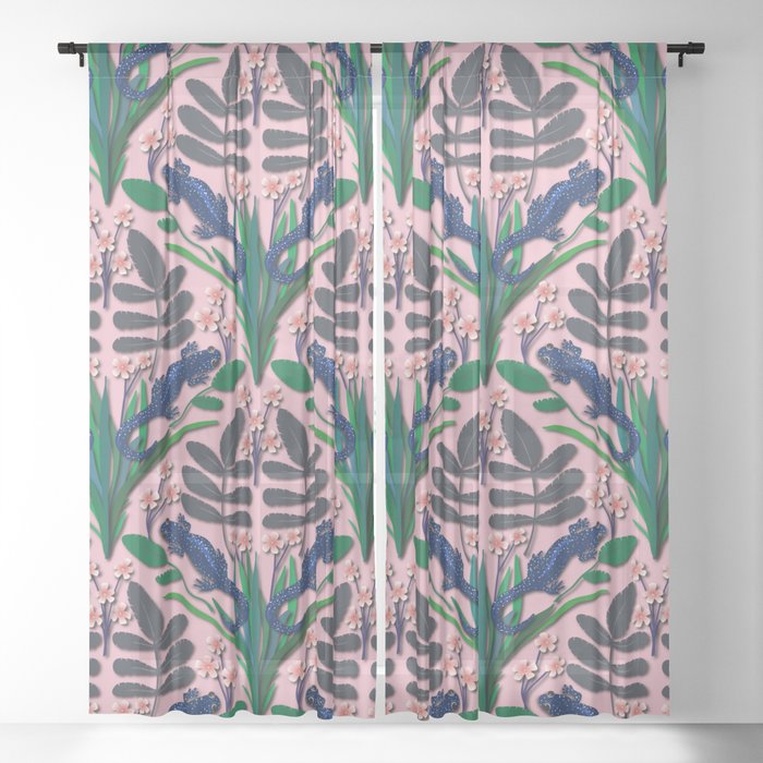 Blue spotted salamander pattern in peach Sheer Curtain