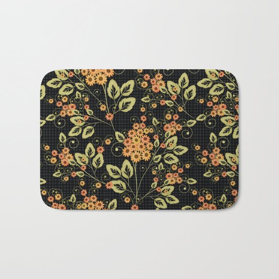 Bright floral pattern on a black background. Bath Mat