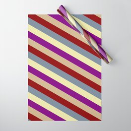 [ Thumbnail: Vibrant Pale Goldenrod, Purple, Tan, Dark Red & Light Slate Gray Colored Striped Pattern Wrapping Paper ]