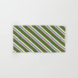 [ Thumbnail: Colorful Yellow, Royal Blue, Pink, Dark Olive Green, and Light Cyan Colored Lined/Striped Pattern Hand & Bath Towel ]