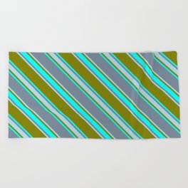 [ Thumbnail: Green, Cyan, Light Slate Gray & Light Blue Colored Stripes Pattern Beach Towel ]