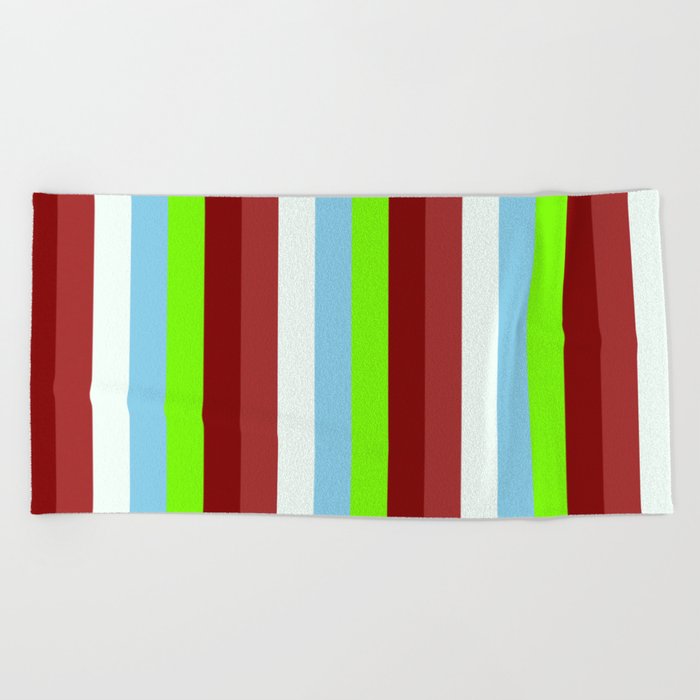 Colorful Brown, Mint Cream, Sky Blue, Green, and Maroon Colored Stripes/Lines Pattern Beach Towel