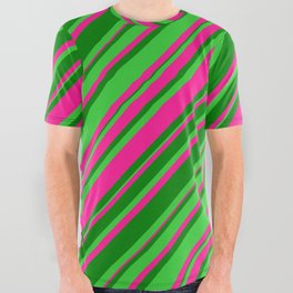 [ Thumbnail: Deep Pink, Green & Lime Green Colored Lines Pattern All Over Graphic Tee ]
