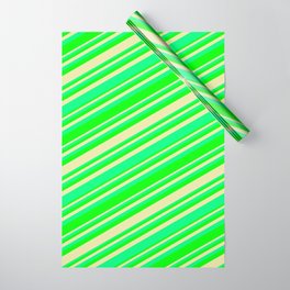 [ Thumbnail: Green, Lime, and Pale Goldenrod Colored Pattern of Stripes Wrapping Paper ]