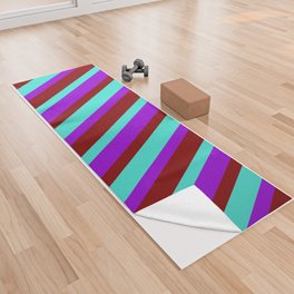 [ Thumbnail: Dark Violet, Turquoise & Maroon Colored Lines/Stripes Pattern Yoga Towel ]